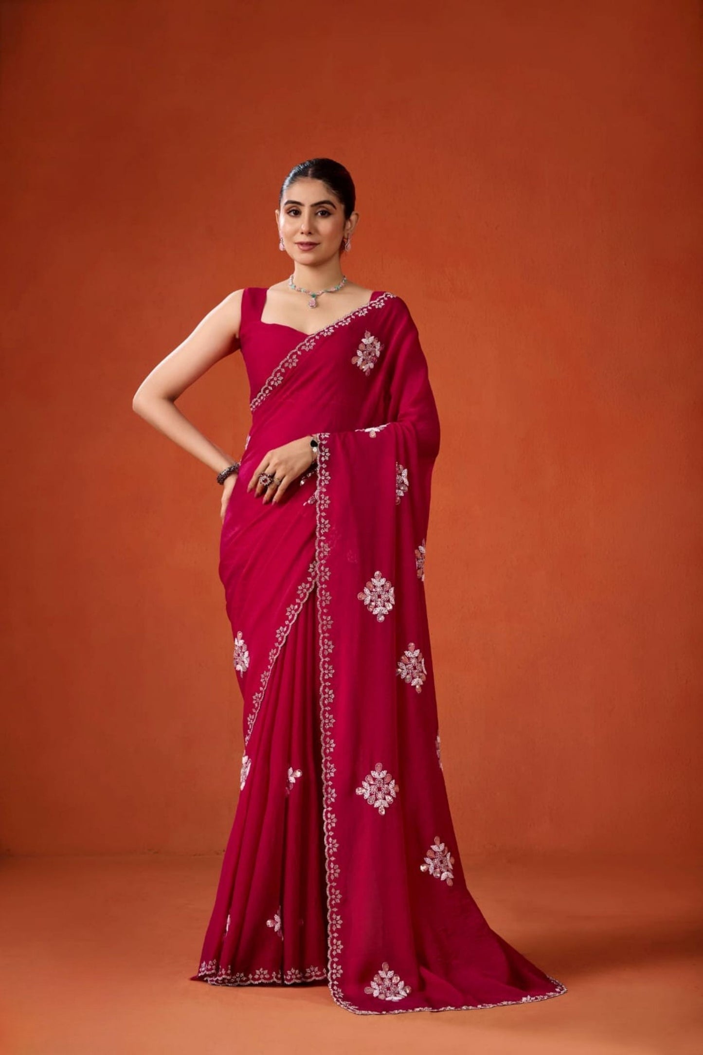 Wine Red Embroidered Georgette Saree Floral Motifs Designer Border