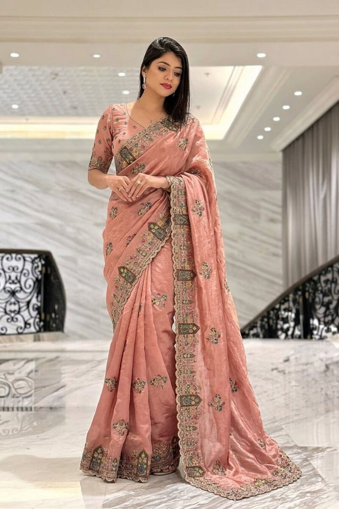 Dusty Pink Embroidered Silk Saree with Heavy Designer Border 
