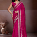 Rani Pink  Embroidered Chiffon Saree with Zari Border Party Wear