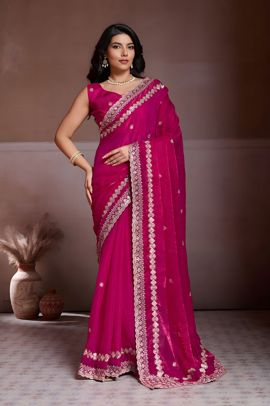 Rani Pink  Embroidered Chiffon Saree with Zari Border Party Wear