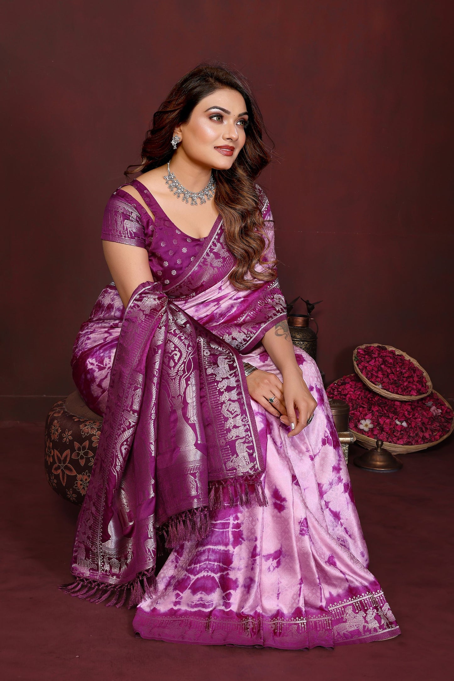 Purple Pink Tie-Dye Silk Saree with Silver Woven Border