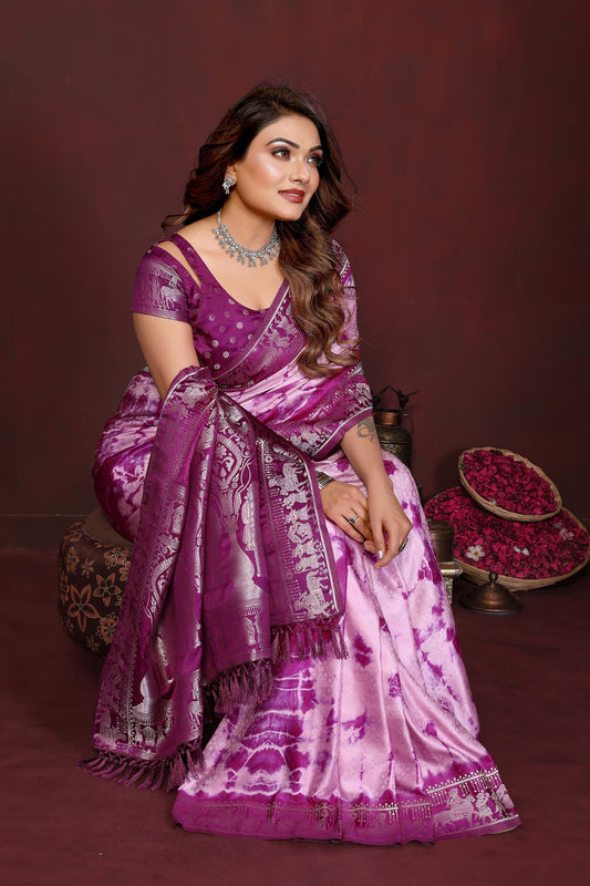 Purple Pink Tie-Dye Silk Saree with Silver Woven Border