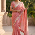 Peach Organza Silk Saree Floral Embroidered Border Designer Blouse