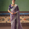 Lavender Organza Saree Heavy Silver Embroidery Border Designer Blouse 