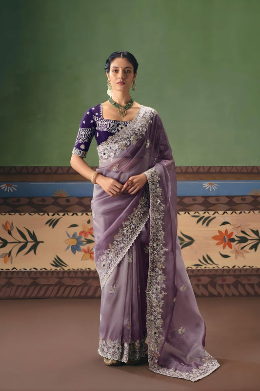 Lavender Organza Saree Heavy Silver Embroidery Border Designer Blouse 