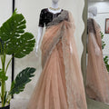 Peach Embroidered Net Designer Saree with Sequins Work Blouse