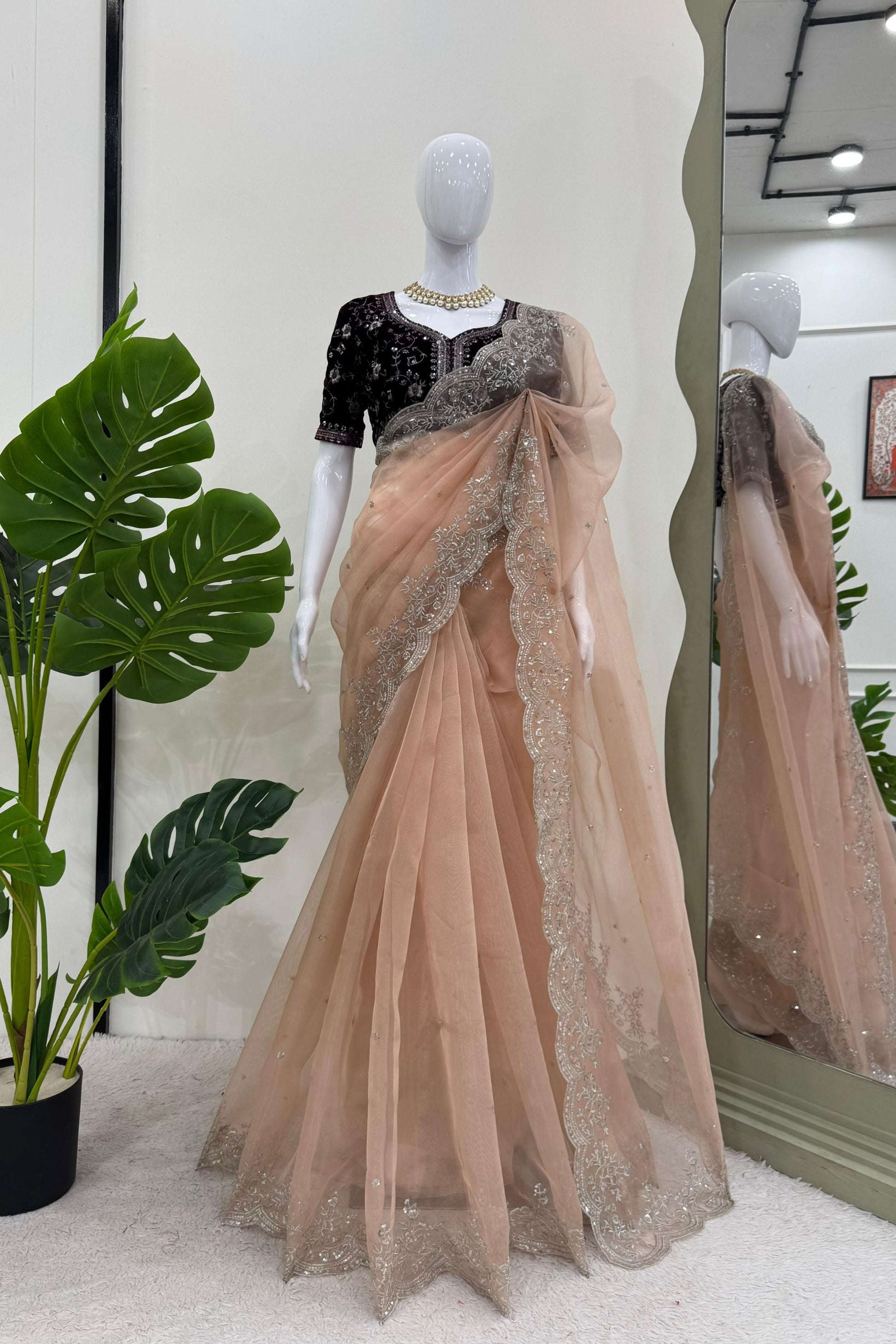 Peach Embroidered Net Designer Saree with Sequins Work Blouse