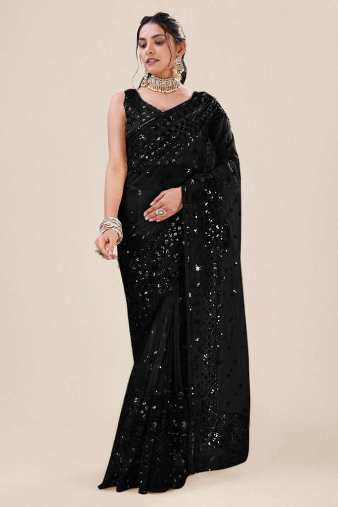 Black Net Saree with Heavy Sequins Embroidery Designer Blouse