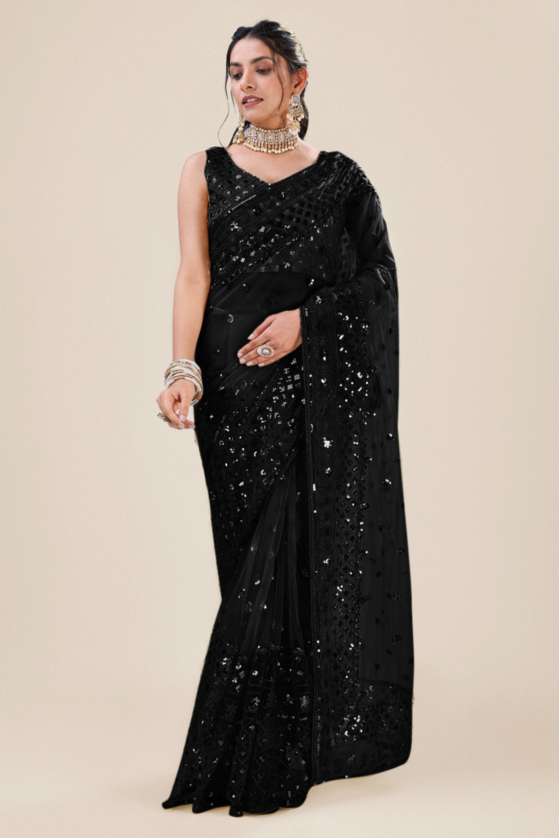 Black Net Saree with Heavy Sequins Embroidery Designer Blouse