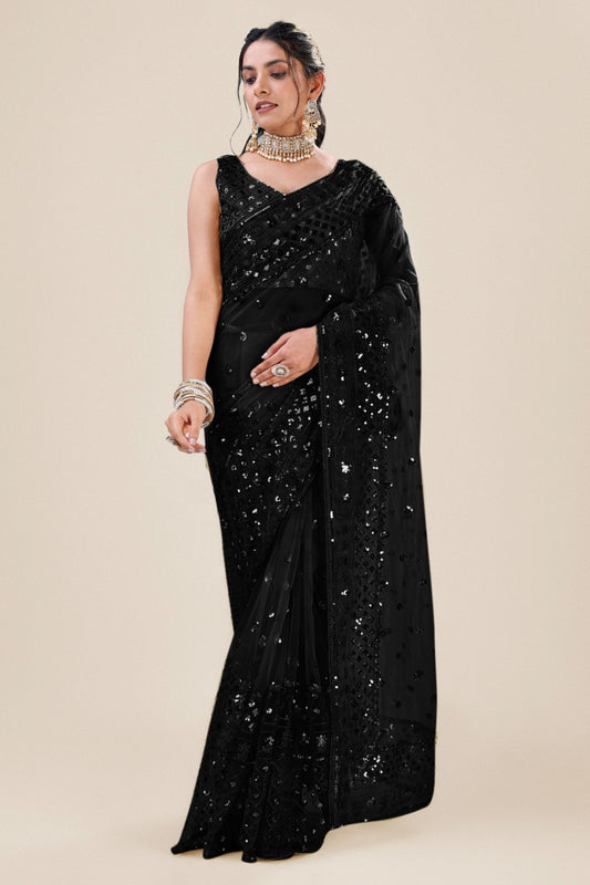 Black Net Saree with Heavy Sequins Embroidery Designer Blouse