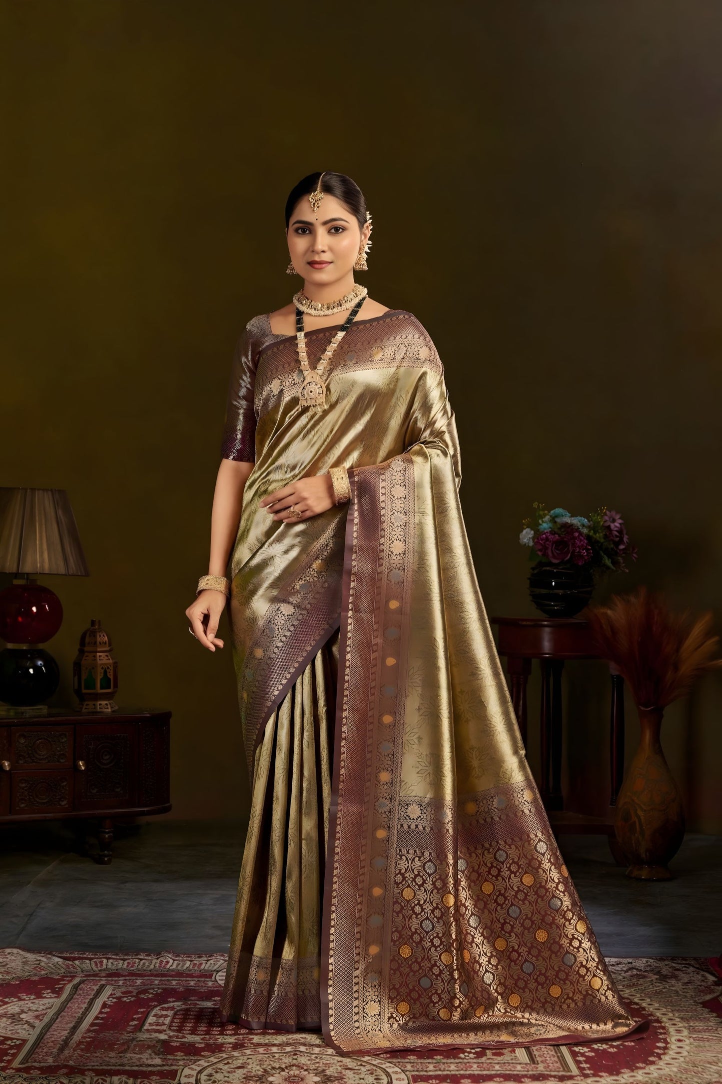 Golden Kanjivaram Silk Saree with Rich Brown Zari Border 