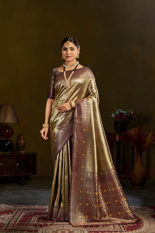 Golden Kanjivaram Silk Saree with Rich Brown Zari Border 