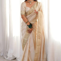 Off White Organza Silk Saree Heavy Golden Embroidered Border Sequins Work