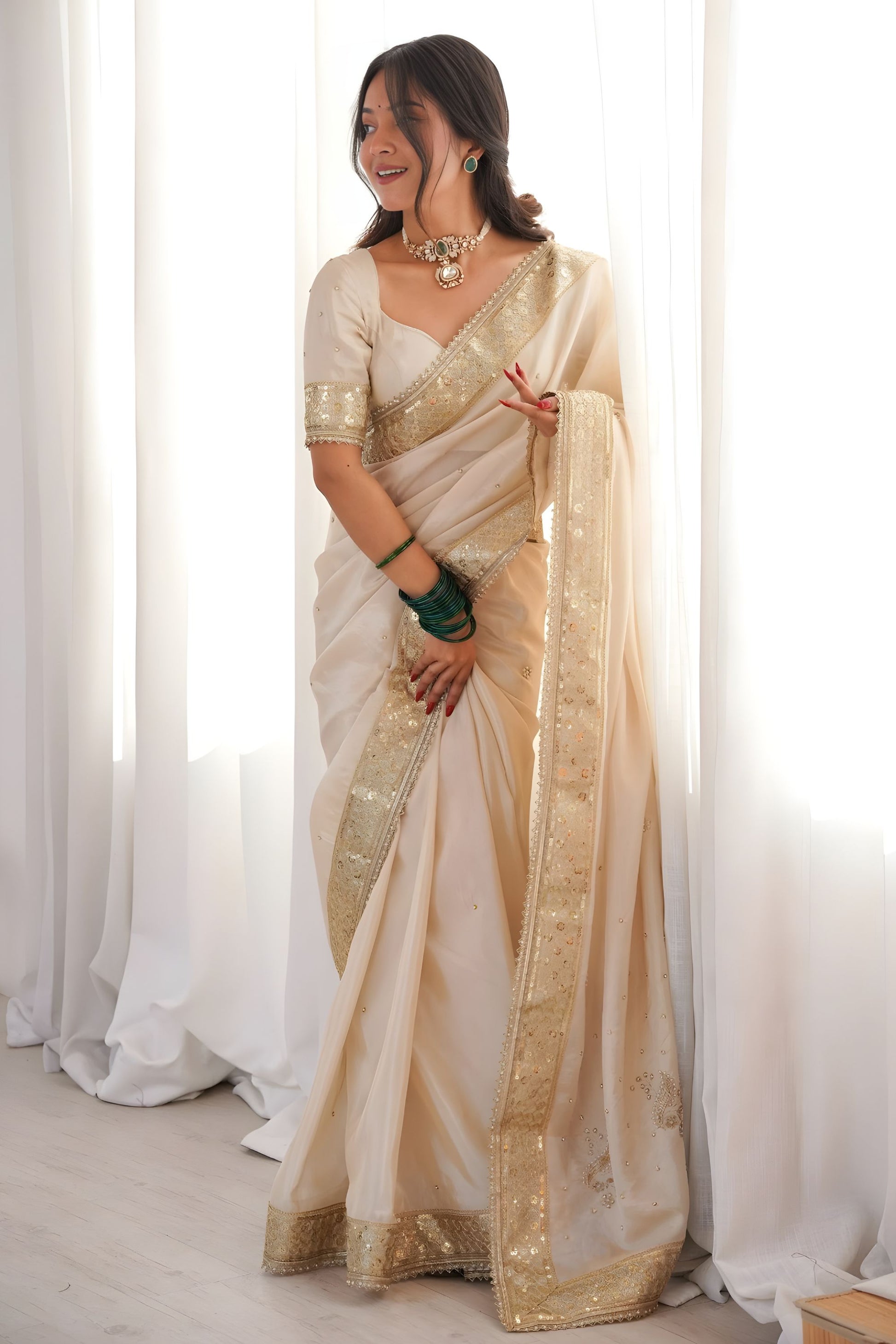 Off White Organza Silk Saree Heavy Golden Embroidered Border Sequins Work