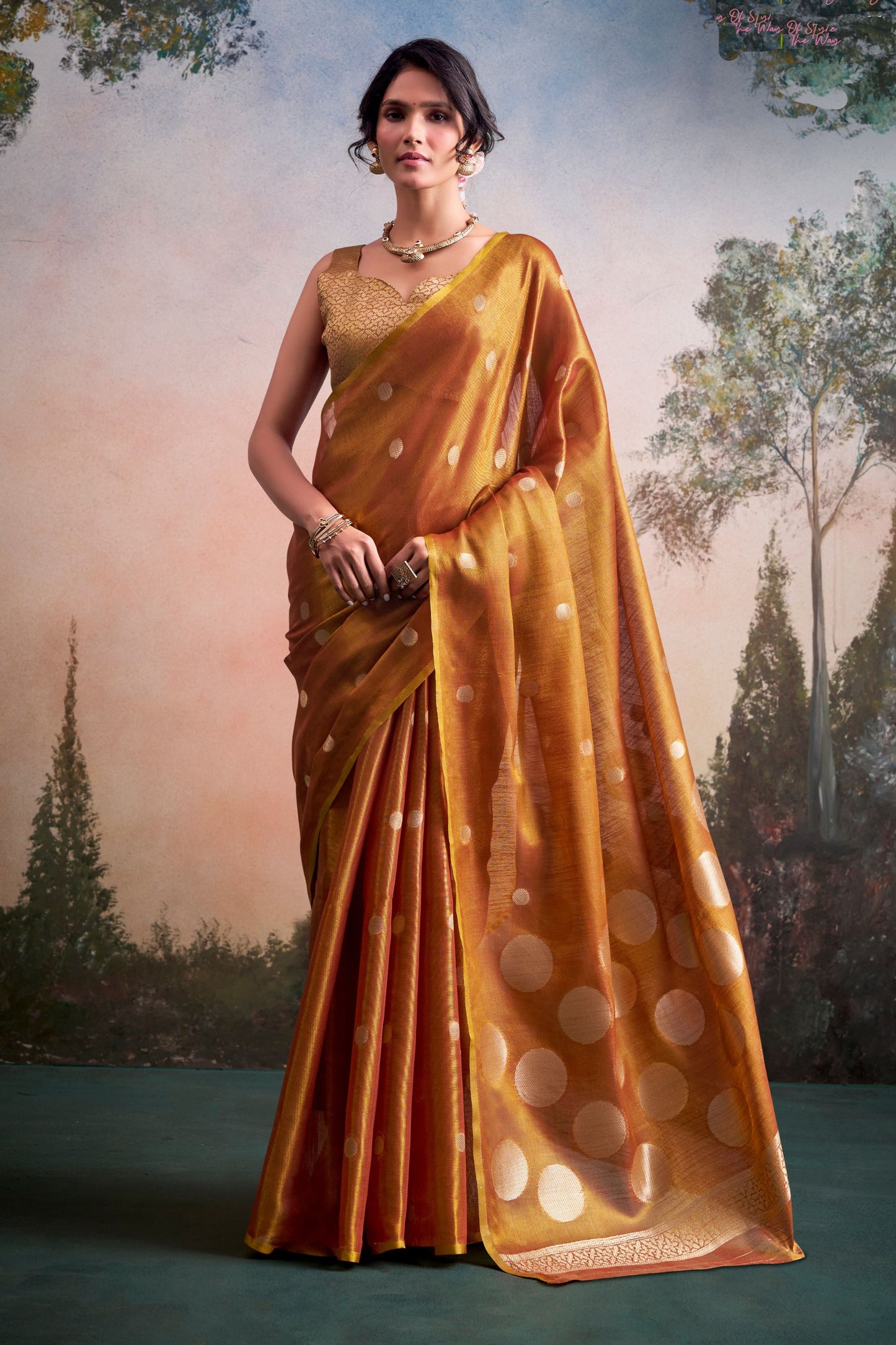 Golden Mustard Silk Saree with Zari Polka Dot Weaving Designer Saree
