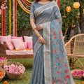 Grey Linen Silk Saree Multicolor Peacock Floral Print Zari Border 