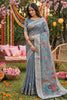 Grey Linen Silk Saree Multicolor Peacock Floral Print Zari Border 