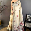 Off White Linen Cotton Saree Floral Hand Block Print Border 