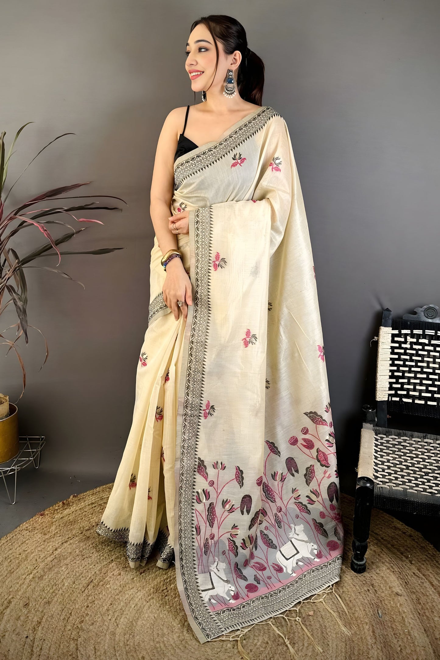 Off White Linen Cotton Saree Floral Hand Block Print Border 