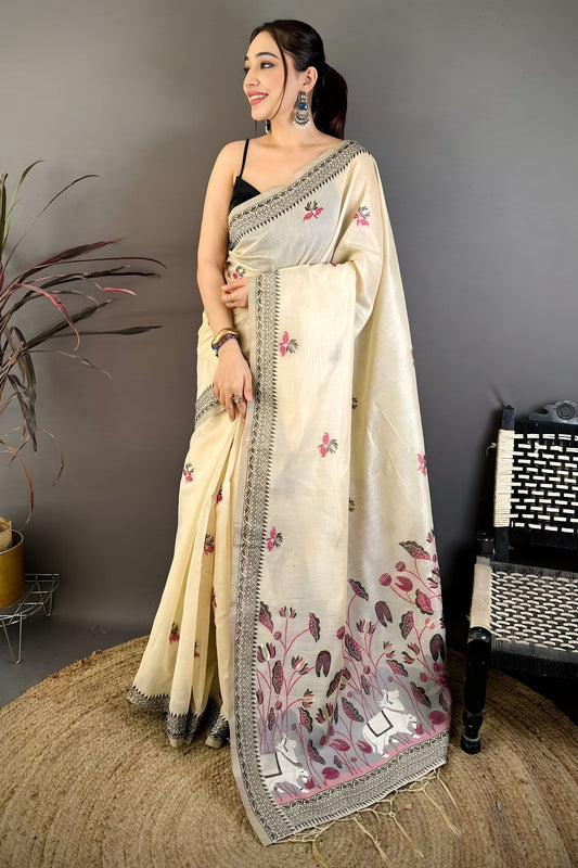 Off White Linen Cotton Saree Floral Hand Block Print Border 