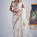 Designer Off White Organza Saree with Floral Embroidery Saree