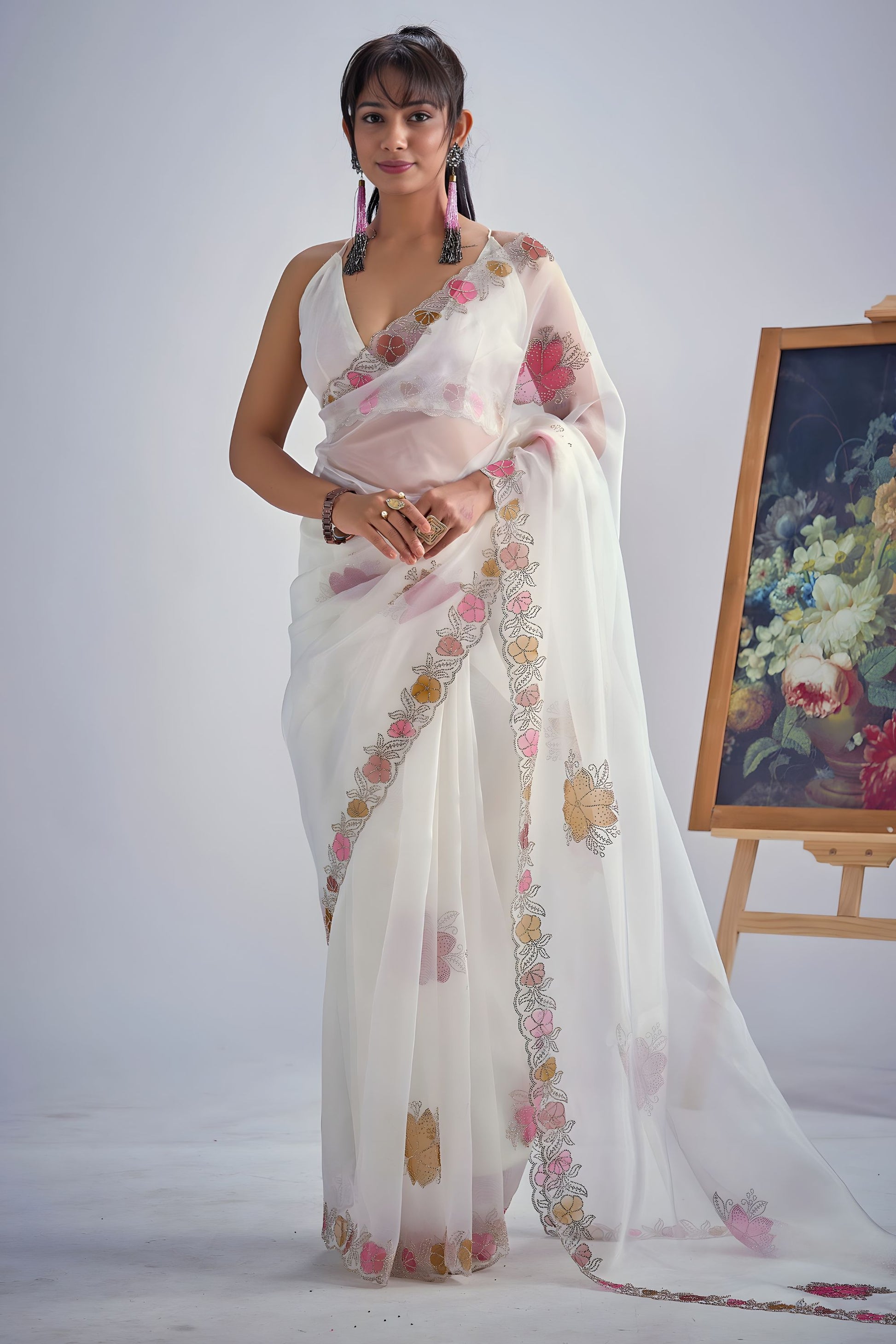 Designer Off White Organza Saree with Floral Embroidery Saree