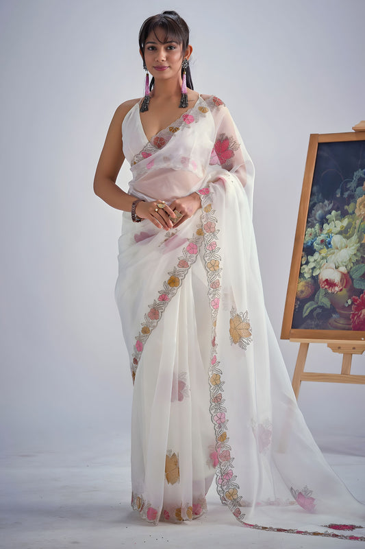 Designer Off White Organza Saree with Floral Embroidery Saree
