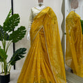 Mustard Yellow Sequins Embroidered Net Saree with Designer Border