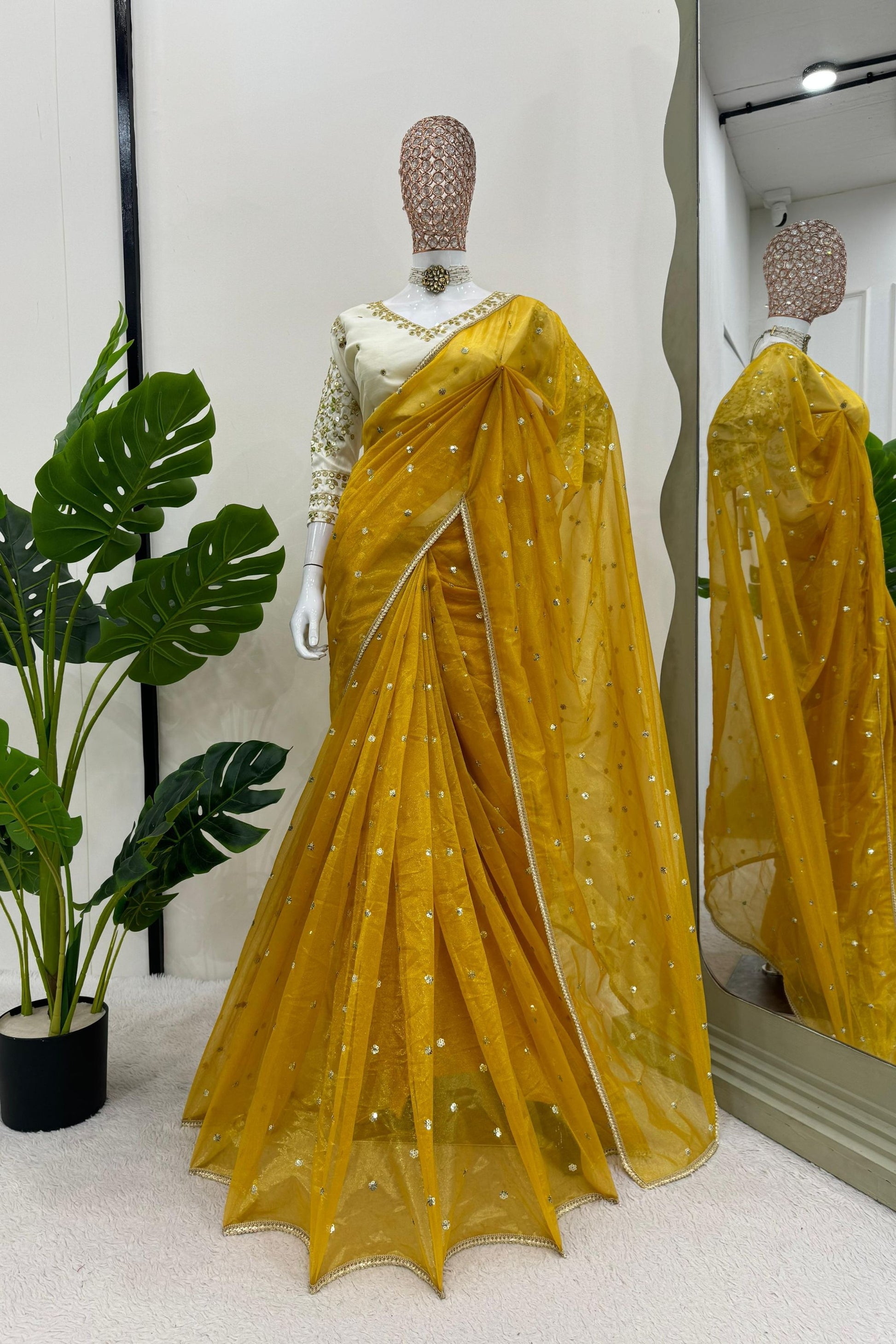Mustard Yellow Sequins Embroidered Net Saree with Designer Border