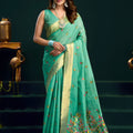 Sea Green Soft Silk Saree with Floral Embroidery Gold Zari Border 