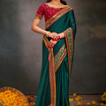 Teal Green Designer Saree Embroidered Border Contrast Blouse