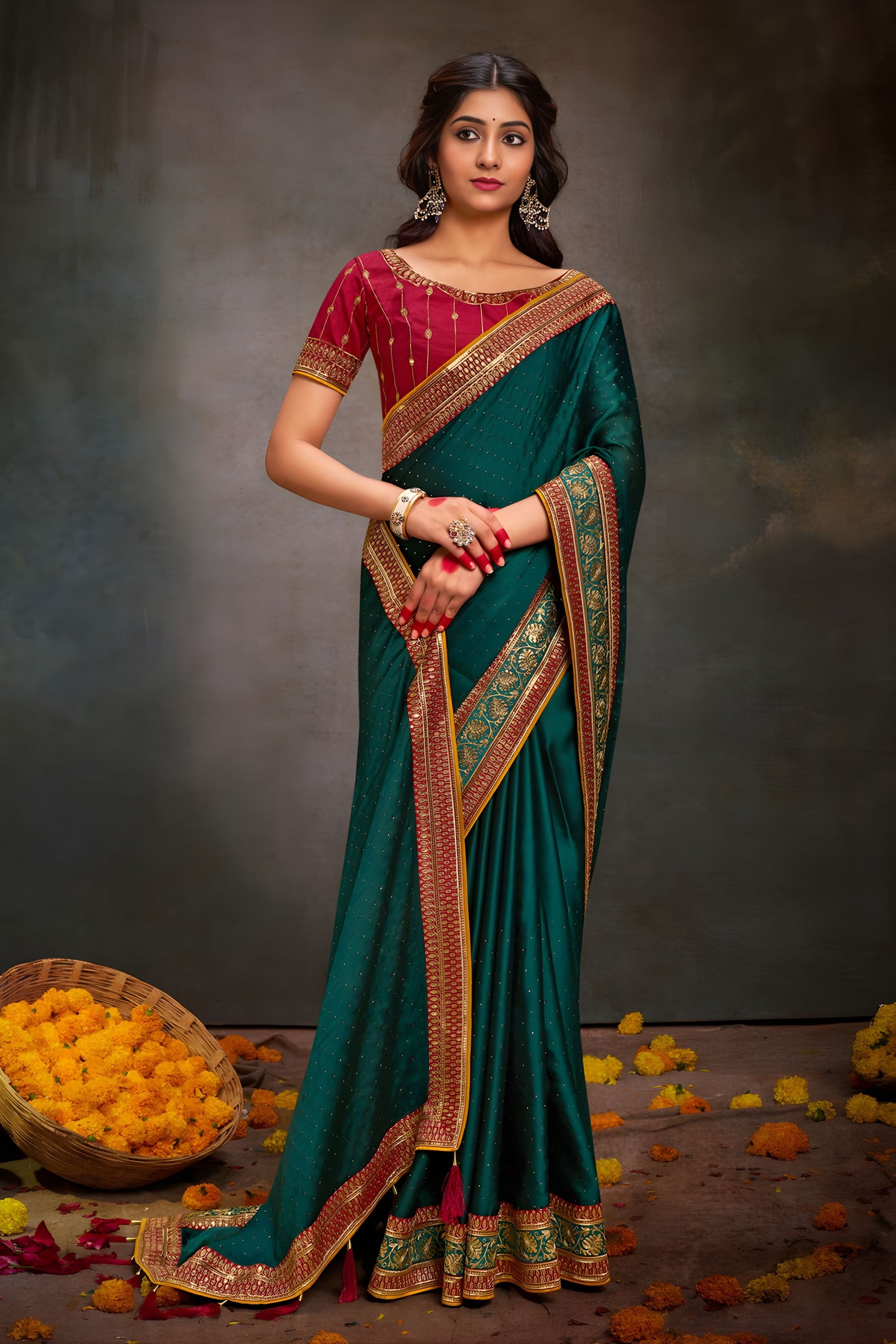 Teal Green Designer Saree Embroidered Border Contrast Blouse