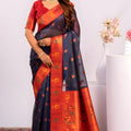 Navy Blue Paithani Silk Saree Red Zari Border Traditional Saree