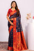 Navy Blue Paithani Silk Saree Red Zari Border Traditional Saree