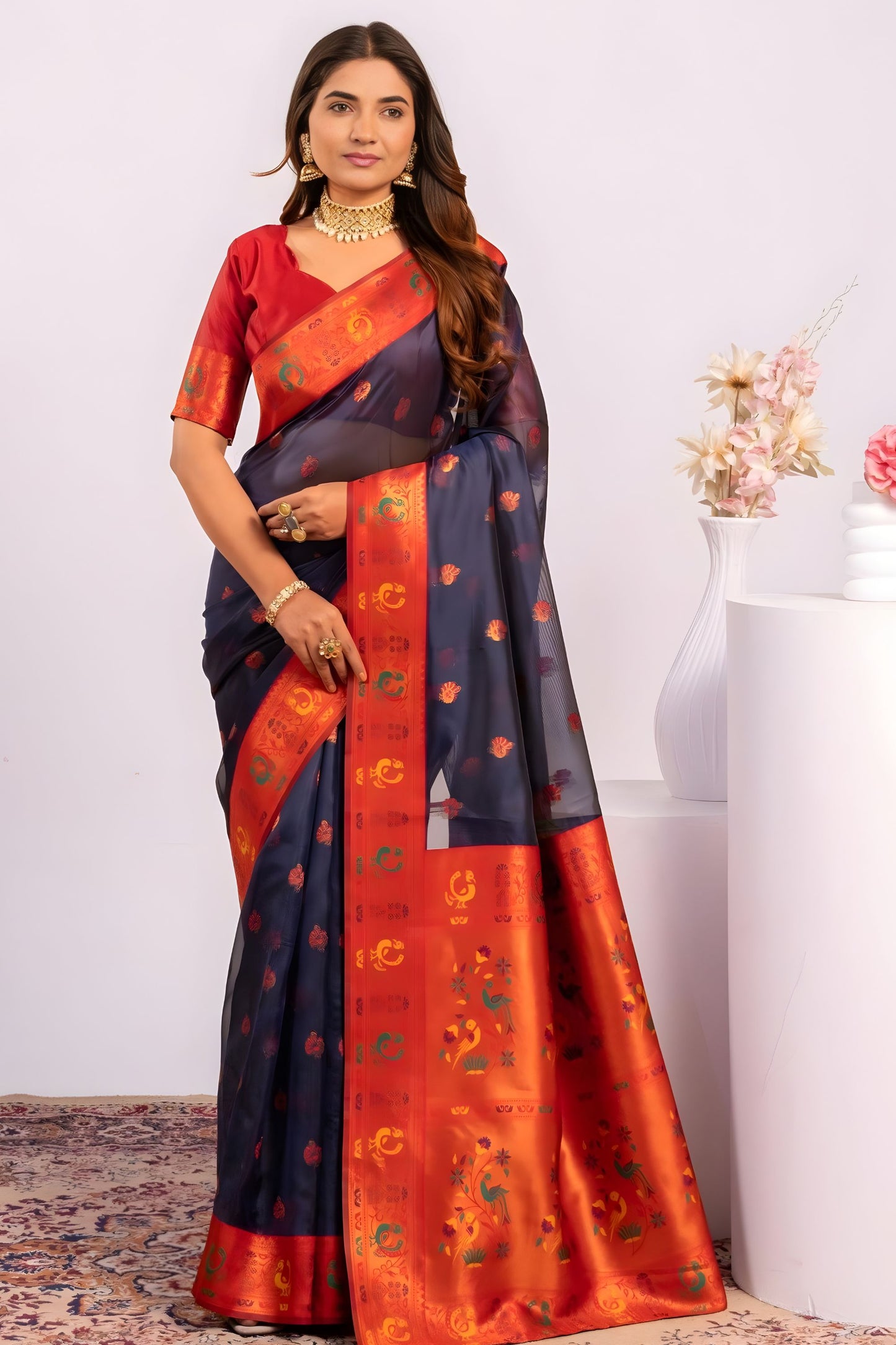 Navy Blue Paithani Silk Saree Red Zari Border Traditional Saree