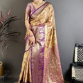 Golden Beige Purple Kanjivaram Silk Saree Traditional Banarasi Zari Wedding Saree