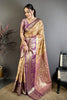 Golden Beige Purple Kanjivaram Silk Saree Traditional Banarasi Zari Wedding Saree