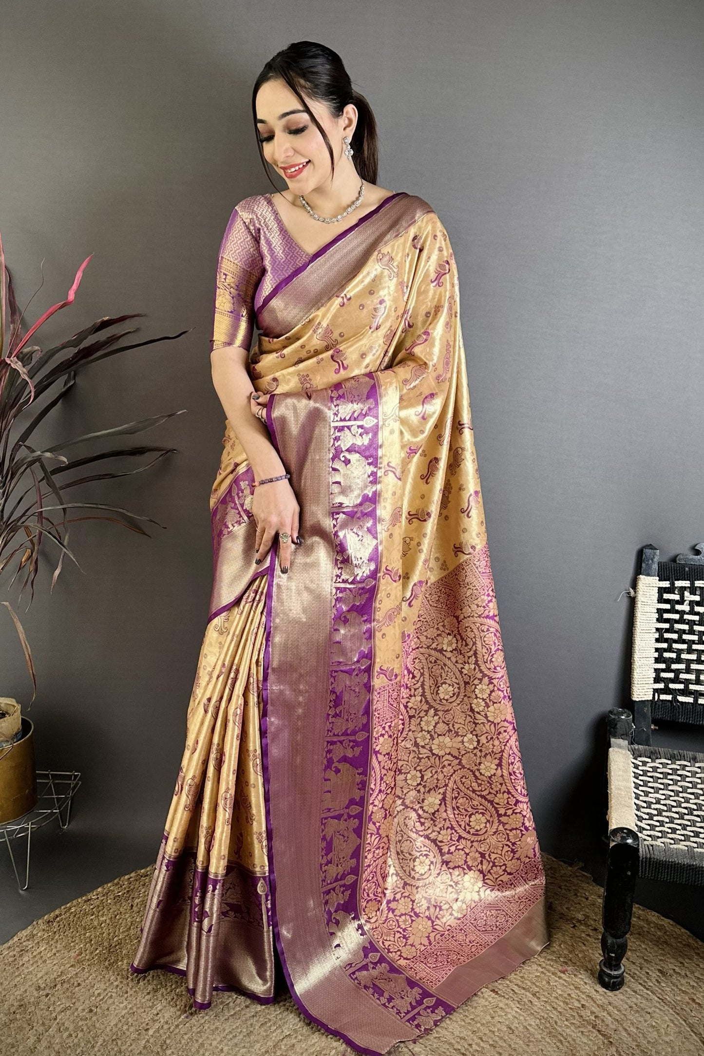 Golden Beige Purple Kanjivaram Silk Saree Traditional Banarasi Zari Wedding Saree