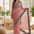 Pink Organza Saree with Embroidered Border Designer Blouse 