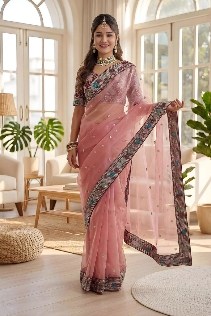 Pink Organza Saree with Embroidered Border Designer Blouse 