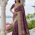 Wine Purple Banarasi Silk Saree Heavy Zari Embroidery Rich Designer Border