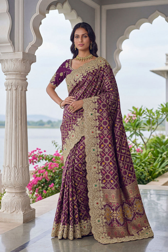 Wine Purple Banarasi Silk Saree Heavy Zari Embroidery Rich Designer Border