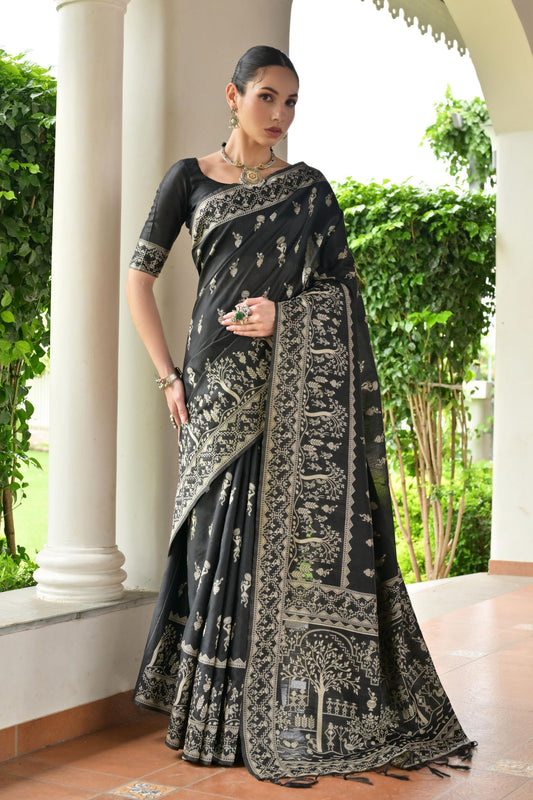 Black Cotton Silk Saree Traditional Woven Design and Rich Border