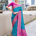 Teal Blue Banarasi Patola Silk Saree with Pink Zari Border Pallu