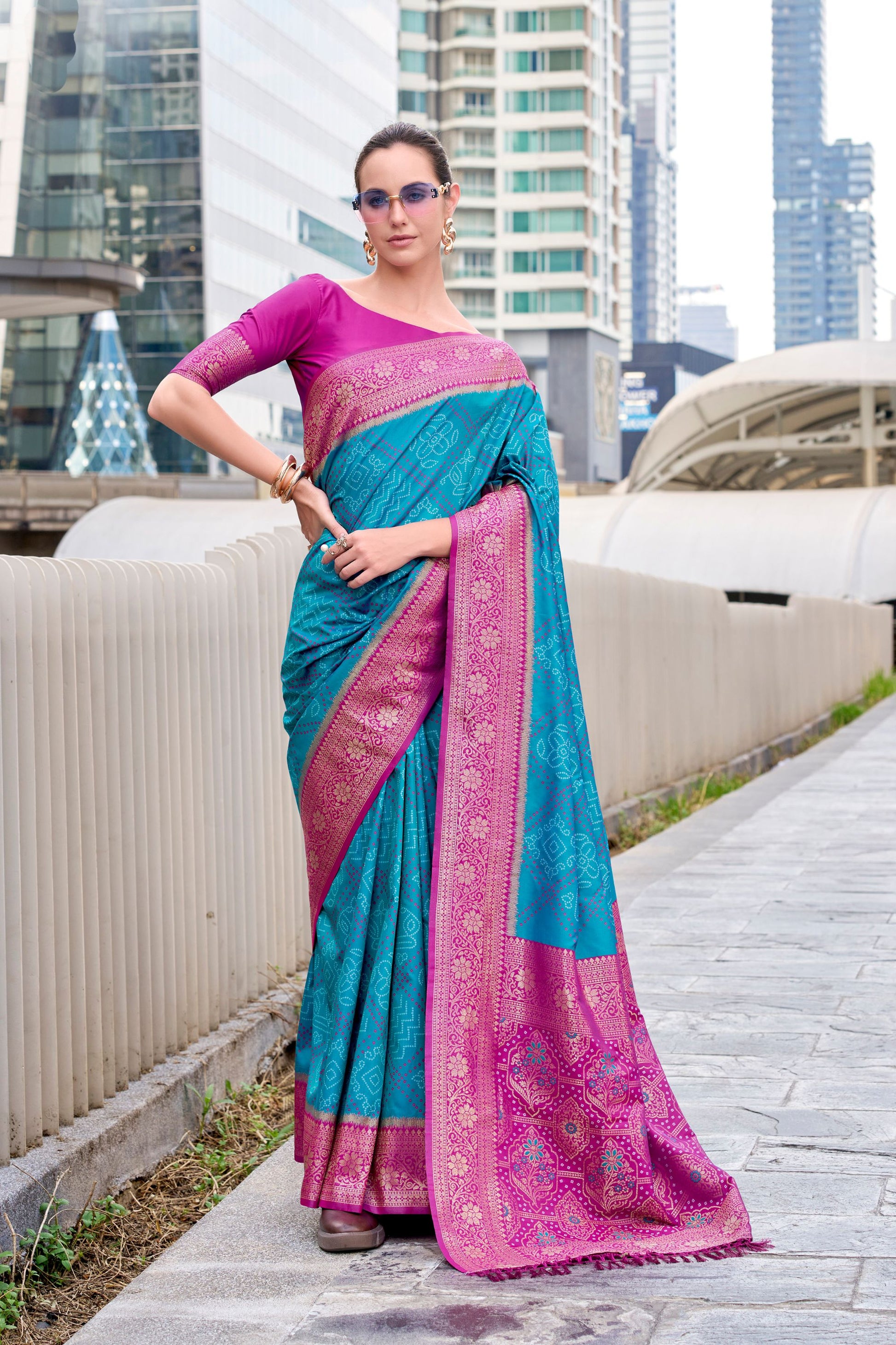 Teal Blue Banarasi Patola Silk Saree with Pink Zari Border Pallu