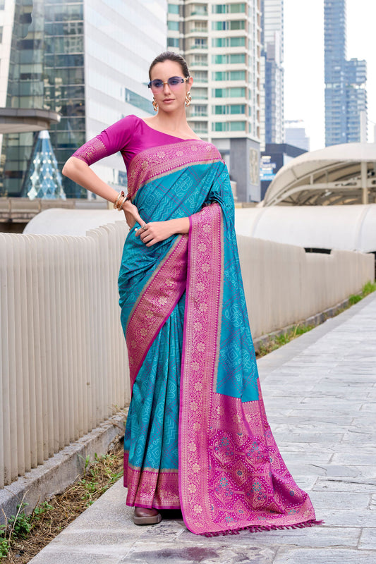 Teal Blue Banarasi Patola Silk Saree with Pink Zari Border Pallu