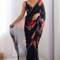 Black Georgette Floral Print Saree with Pearl Lace Border