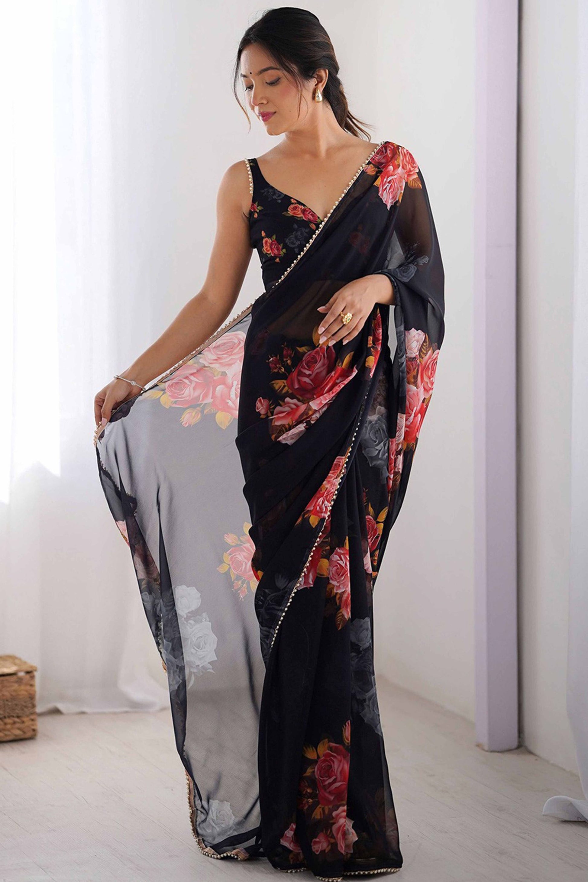Black Georgette Floral Print Saree with Pearl Lace Border