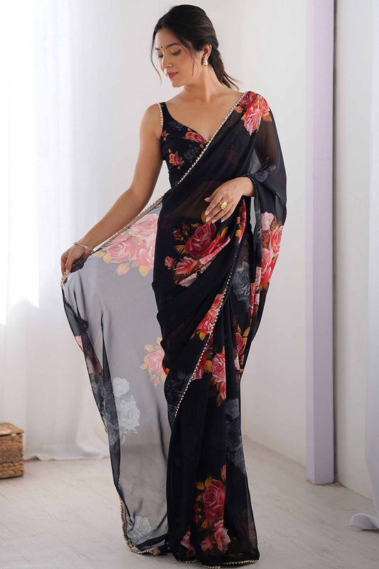 Black Georgette Floral Print Saree with Pearl Lace Border