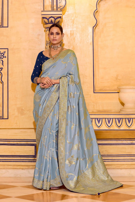 Light Blue Banarasi Silk Saree with Rich Golden Zari Contrasting Blouse